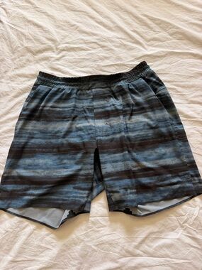 lululemon athletica Blue and Black Striped Men's Athletic Shorts